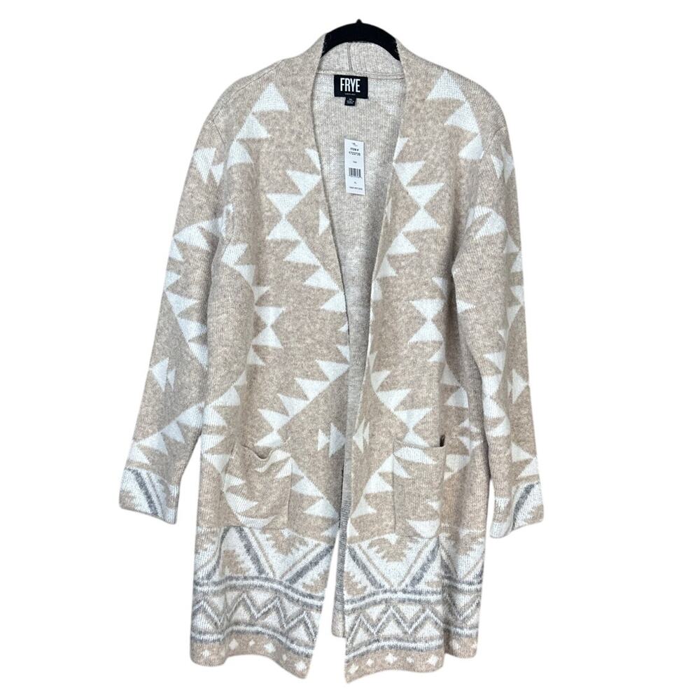 Frye The Cozy Cardigan Sweater Cozy Luxe Yarn Tan Southwest Jacquard SZ XL NWT